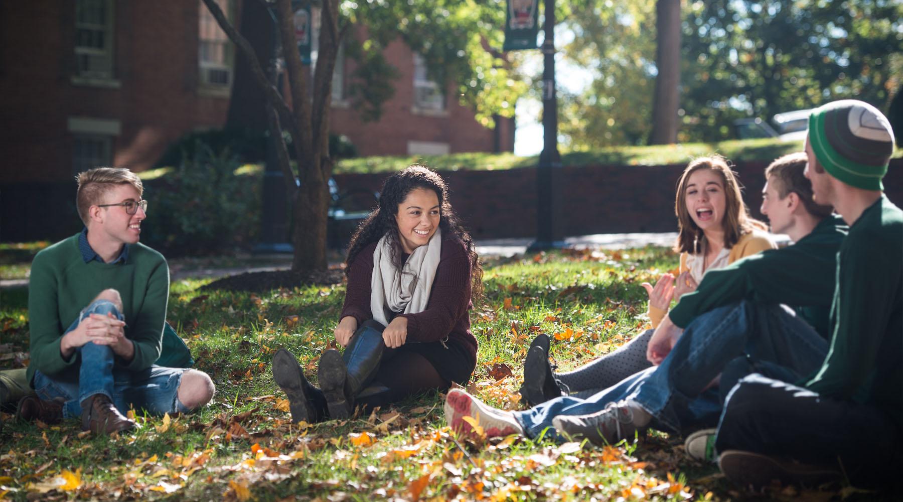 学生们坐在大学绿地上
