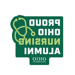Sticker logo with text, "Proud OHIO Nursing Alumni, Ohio University."